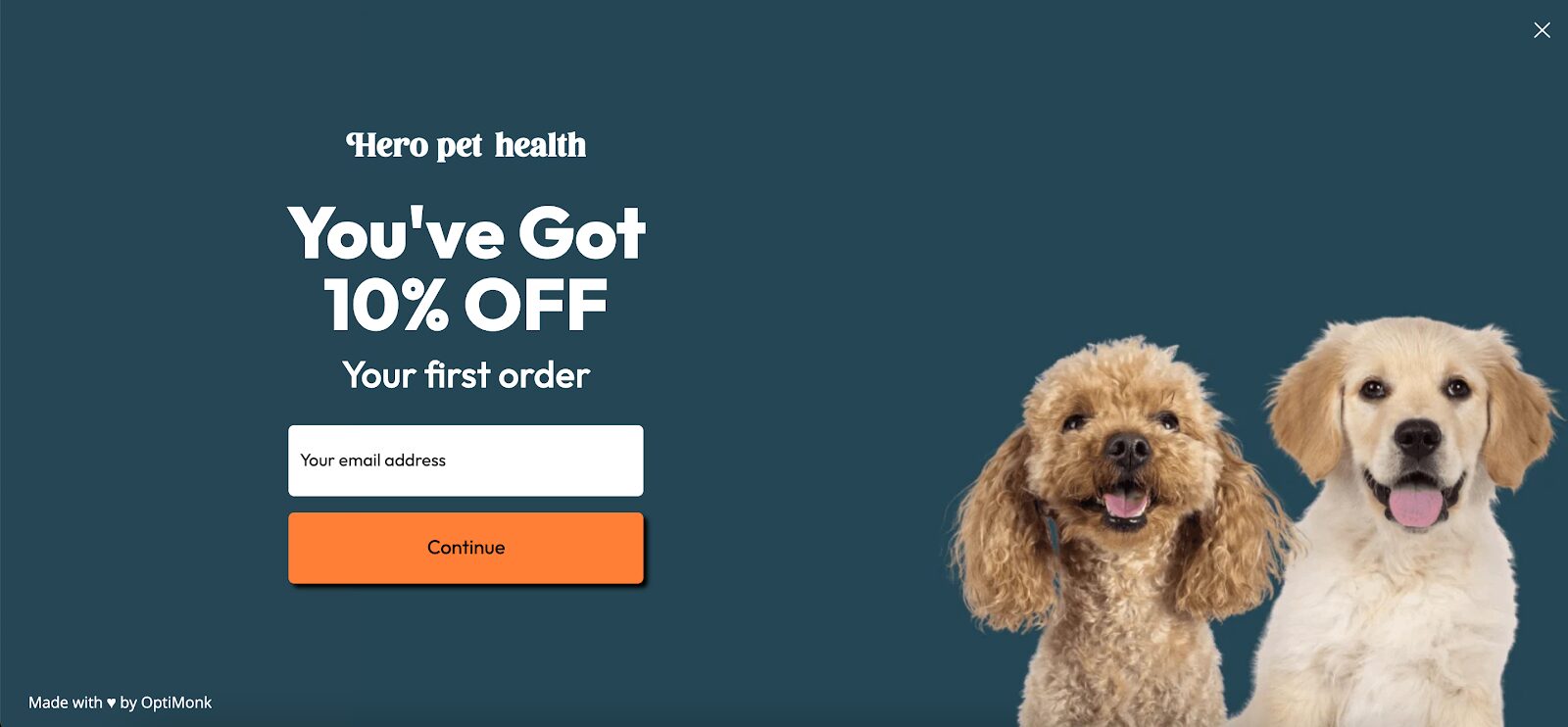 Hero Pet Health home page popup offering a discount.