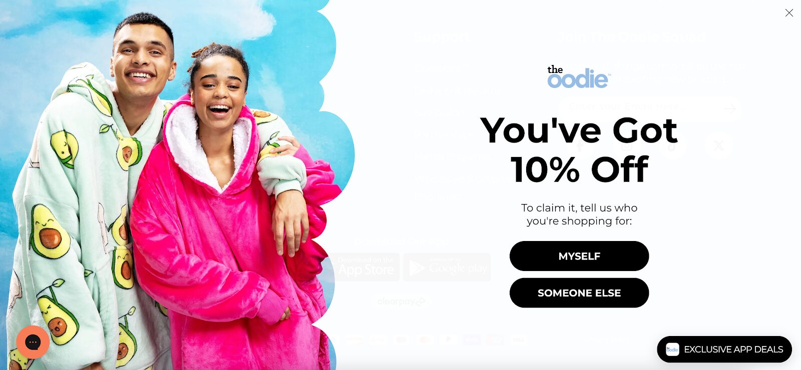 The Oodie’s yes/no popup asking who the visitor is shopping for with clear options.