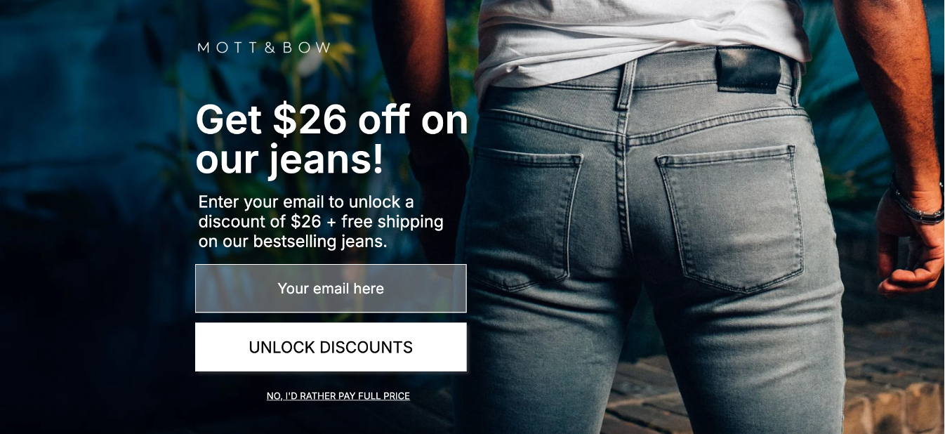 Mott & Bow’s yes/no popup offering a $26 discount with a ‘Yes, please!’ button.