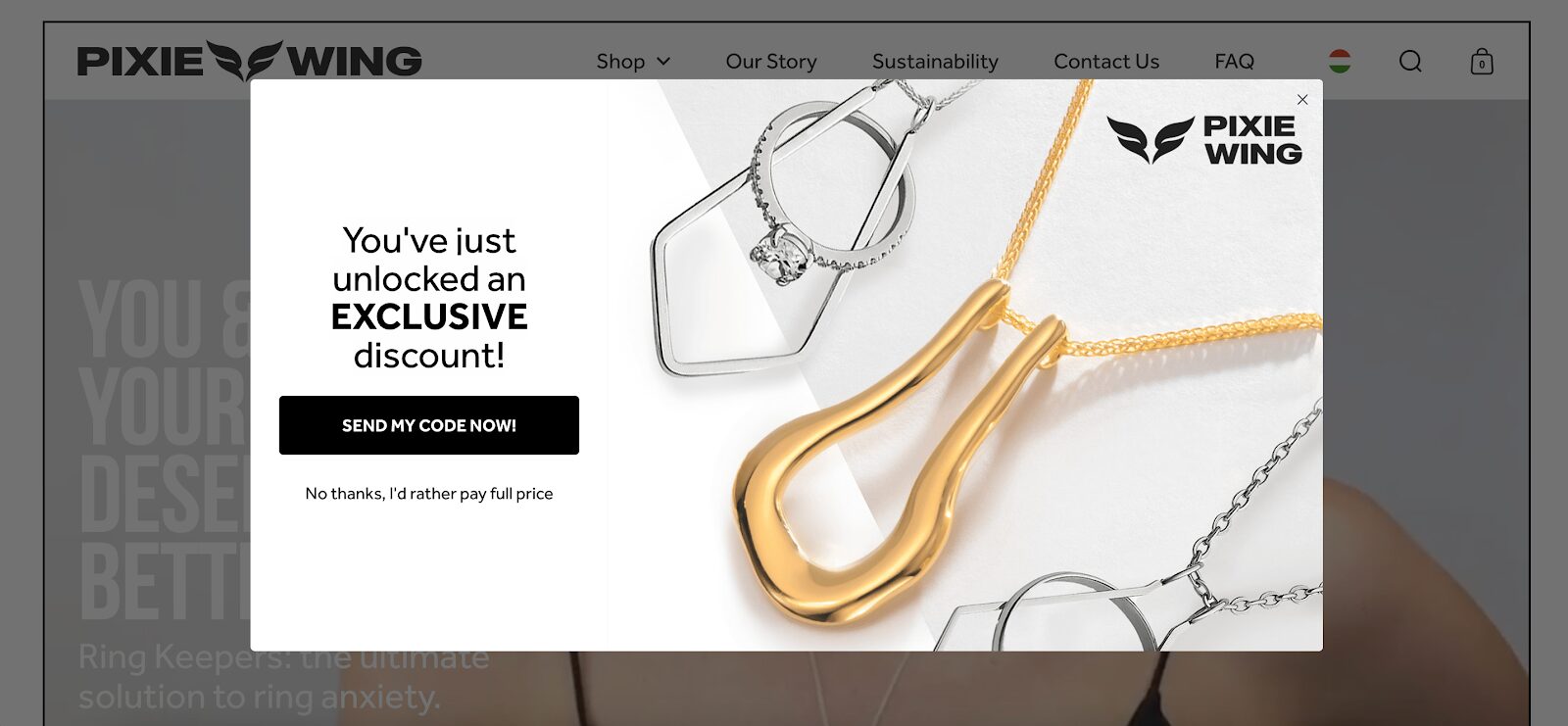 Pixie Wing’s popup announcing an exclusive discount with a send code option.